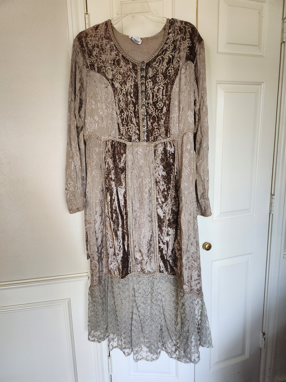 Vintage-Inspired Taupe Maxi Dress with Velvet Panels